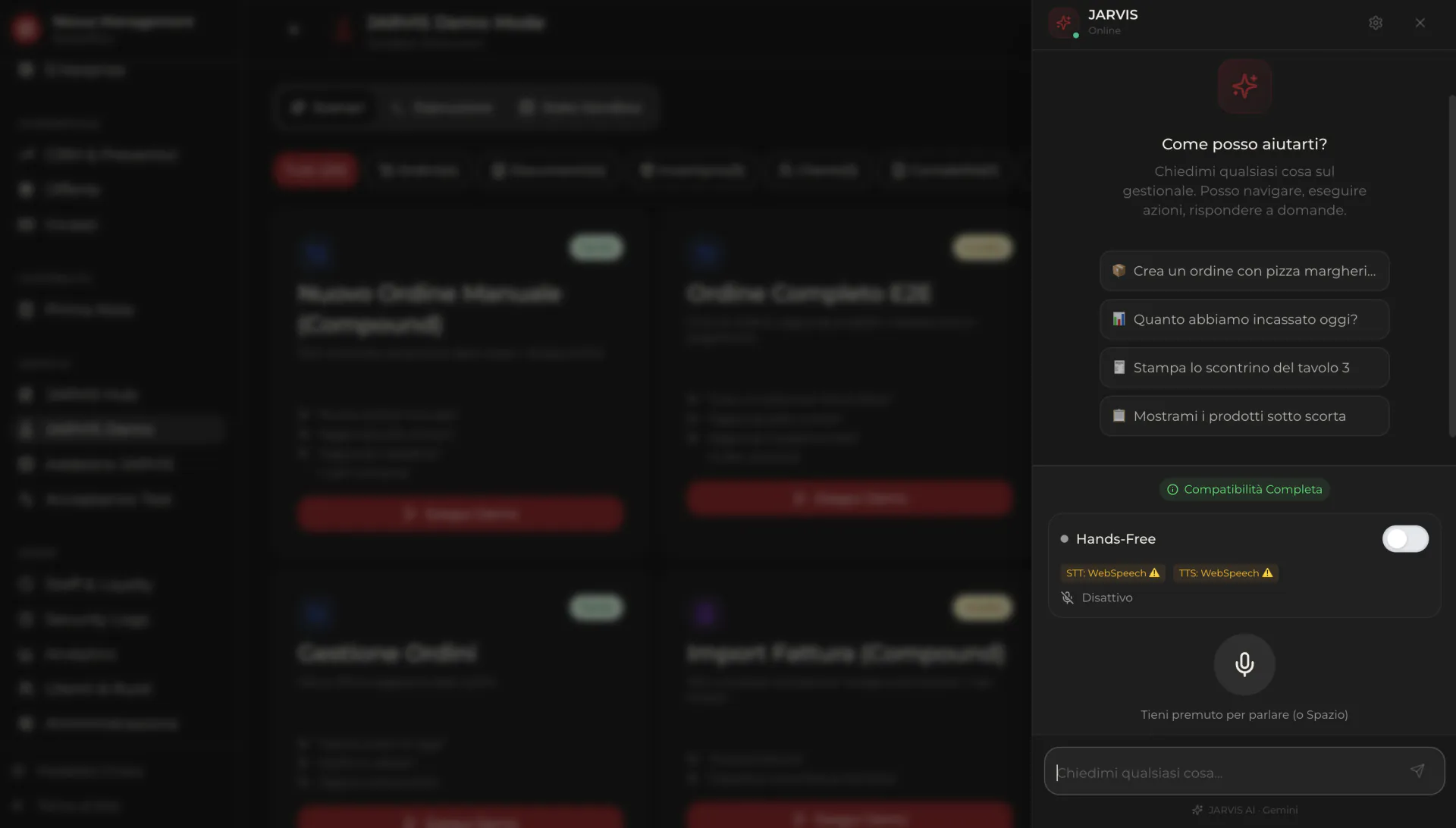 Food, Retail & Logistics Management Platform — JARVIS, the platform's AI assistant: suggested commands and hands-free voice mode