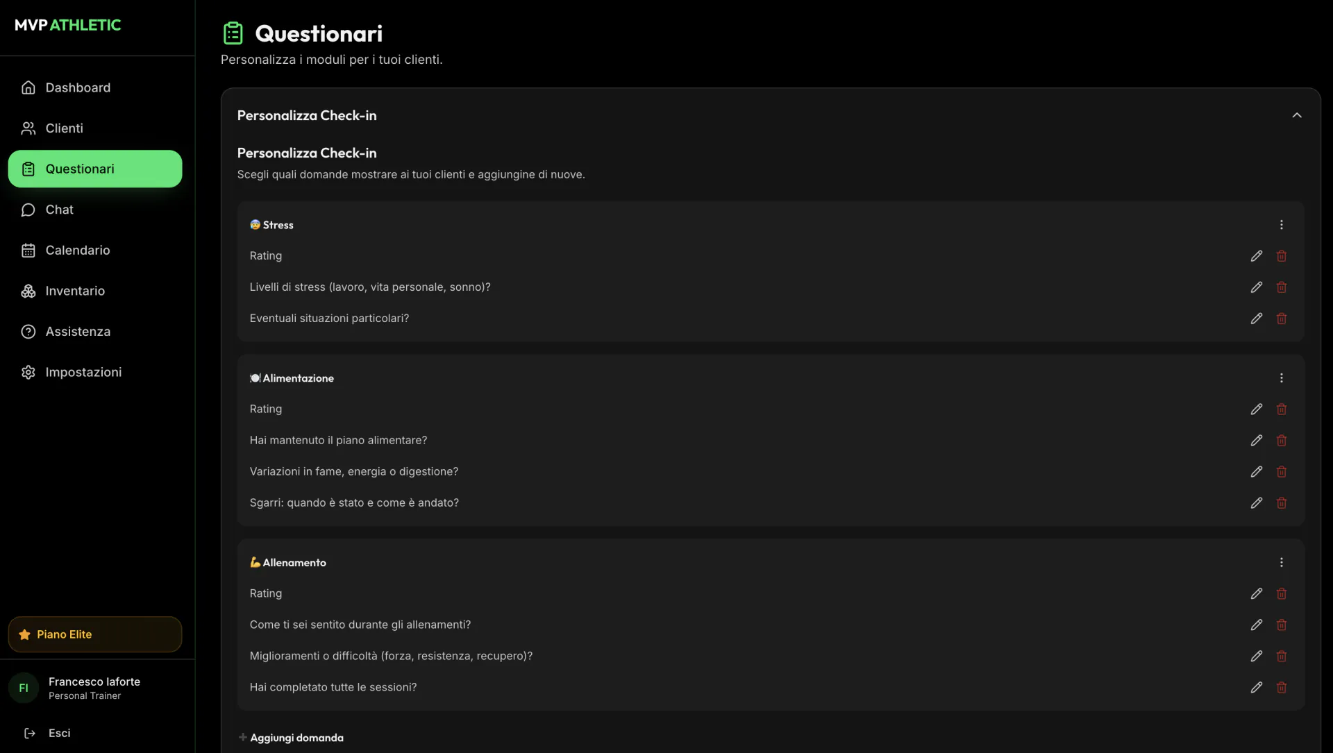 MVP Athletic — Trainer area: customisable check-in questionnaires on stress, nutrition and training